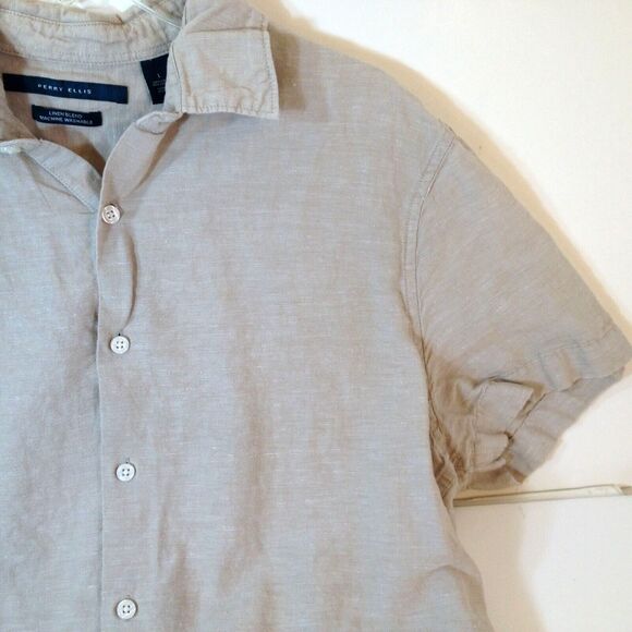 Perry Ellis Linen Blend Short Sleeve Button Up Shirt Tan Mens Size Large L - Picture 3 of 8
